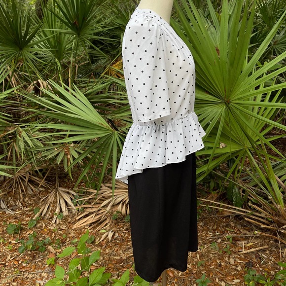 Vintage 80s Polka Dot Midi Peplum Dress Black White Puff Sleeve Sally Lou Size 8 - Picture 7 of 8
